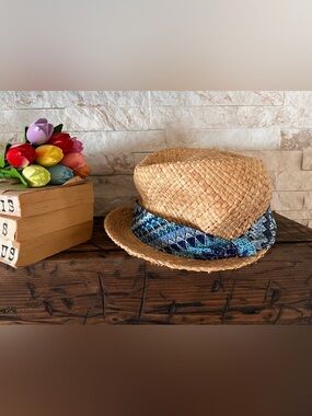 Chico's Raffia Fedora with Blue Patterned Band